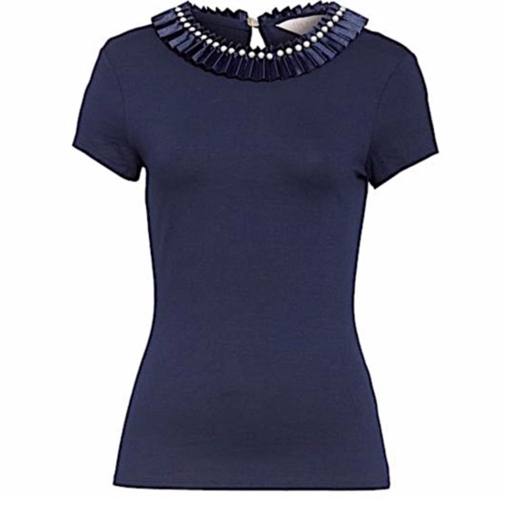 Ted Baker Navy Blue Top like a T-shirt, fitted pearl accents around. Size Small